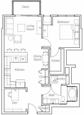 Floor plan for 1 bed, 1 bath, 846 sqft