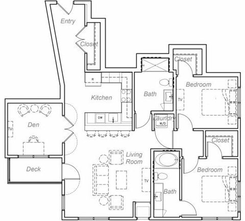 Floor plan for 2 beds, 2 baths, 1259 sqft