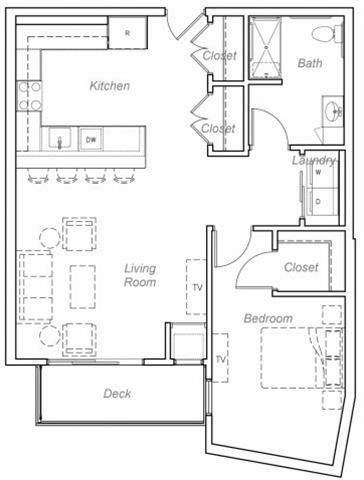 Floor plan for 1 bed, 1 bath, 906 sqft