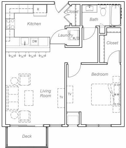 Floor plan for 1 bed, 1 bath, 802 sqft