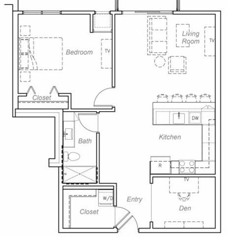 Floor plan for 1 bed, 1 bath, 947 sqft