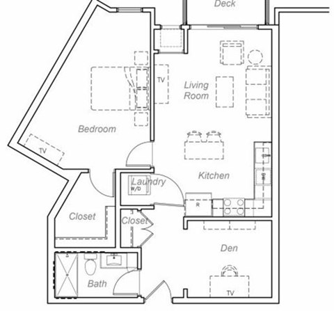 Floor plan for 1 bed, 1 bath, 863 sqft