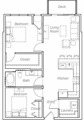 Floor plan for 2 beds, 1 bath, 909 sqft