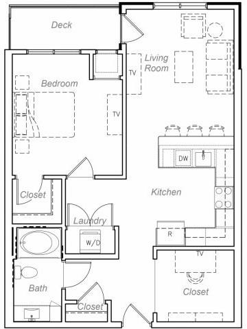 Floor plan for 1 bed, 1 bath, 847 sqft