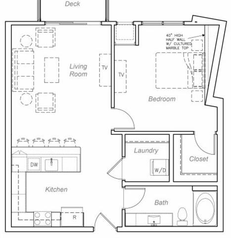 Floor plan for 1 bed, 1 bath, 863 sqft