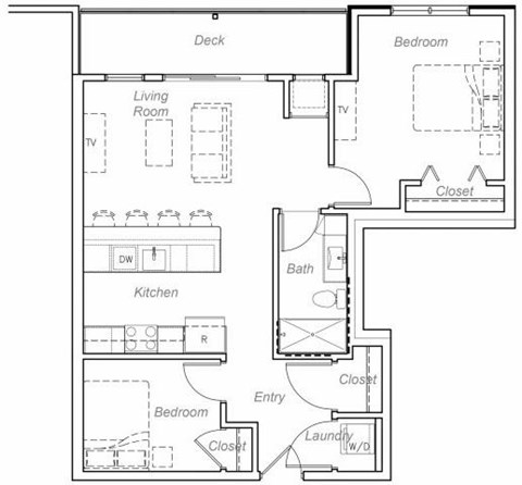 Floor plan for 2 beds, 1 bath, 855 sqft