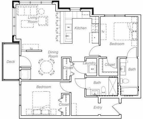Floor plan for 2 beds, 2 baths, 1025 sqft