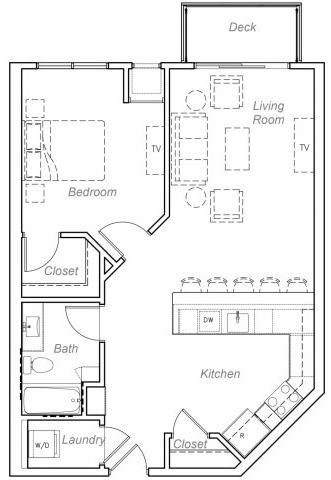 Floor plan for 1 bed, 1 bath, 843 sqft
