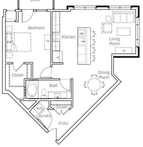 Floor plan for 1 bed, 1 bath, 864 sqft