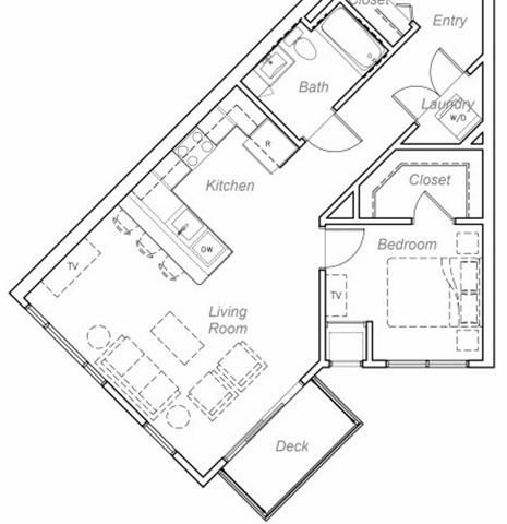 Floor plan for 1 bed, 1 bath, 783 sqft