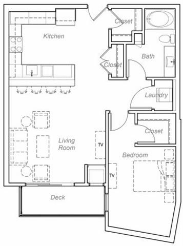 Floor plan for 1 bed, 1 bath, 906 sqft