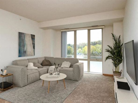 St. Paul apartment for rent - Living Room with Large Window at Joseph's Pointe at Upper Landing Apartments, Minnesota, 55102