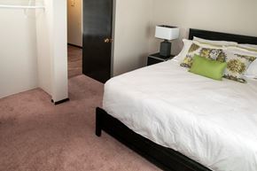 Saint Paul apartment for rent - a bedroom with a white bed and a door to a bathroom