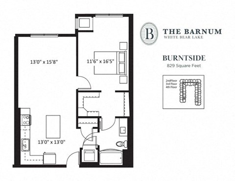 Floor plan for 1 bed, 1 bath, 829 sqft