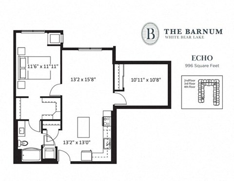Floor plan for 1 bed, 1 bath, 996 sqft