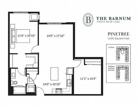 Floor plan for 1 bed, 1 bath, 1035 sqft