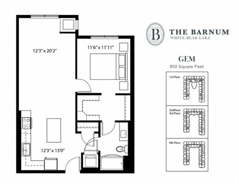 Floor plan for 1 bed, 1 bath, 810 sqft