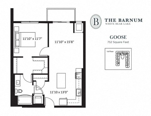 Floor plan for 1 bed, 1 bath, 752 sqft