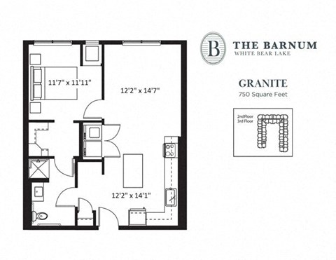 Floor plan for 1 bed, 1 bath, 750 sqft