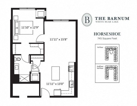 Floor plan for 1 bed, 1 bath, 745 sqft