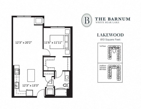 Floor plan for 1 bed, 1 bath, 810 sqft