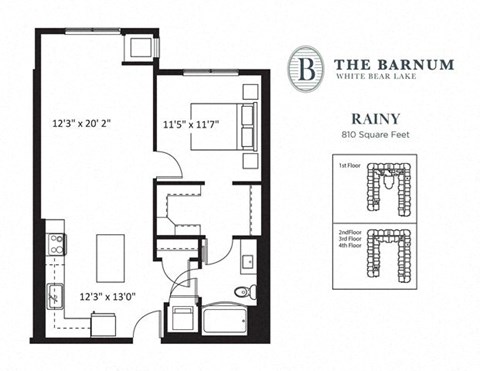 Floor plan for 1 bed, 1 bath, 810 sqft