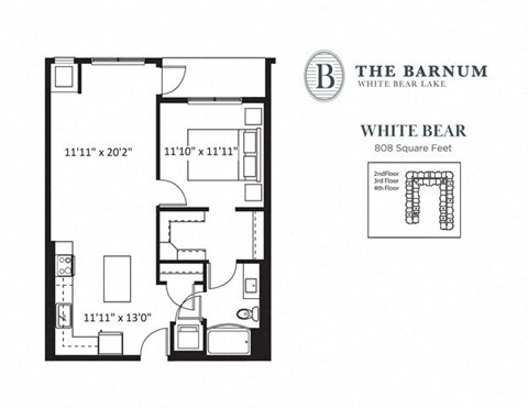 Floor plan for 1 bed, 1 bath, 808 sqft