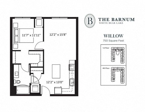 Floor plan for 1 bed, 1 bath, 780 sqft