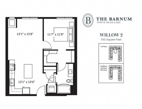 Floor plan for 1 bed, 1 bath, 750 sqft
