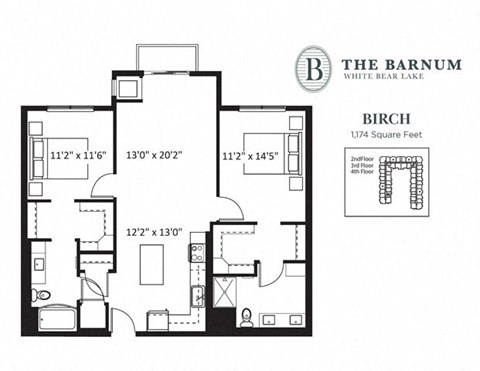 Floor plan for 2 beds, 2 baths, 1174 sqft
