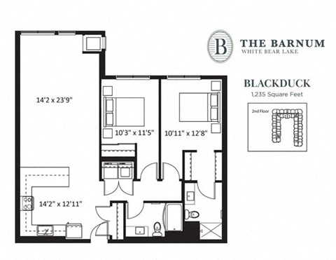 Floor plan for 2 beds, 2 baths, 1235 sqft