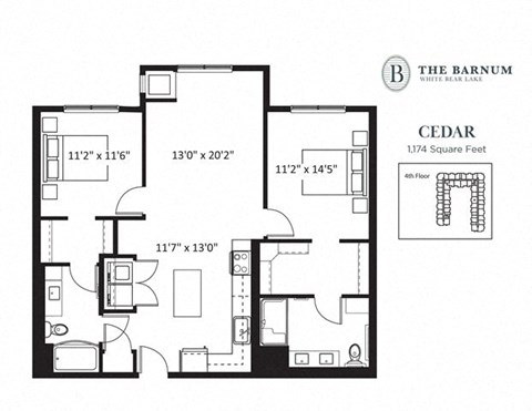 Floor plan for 2 beds, 2 baths, 1174 sqft