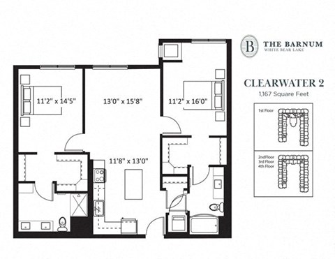Floor plan for 2 beds, 2 baths, 1165 sqft