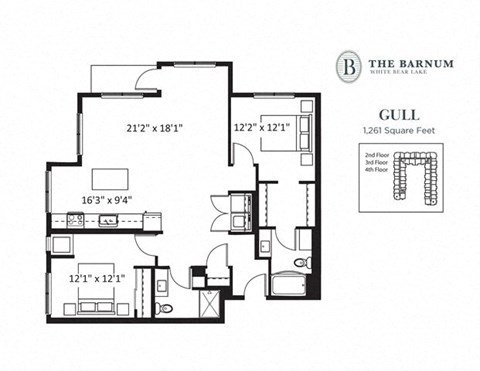 Floor plan for 2 beds, 2 baths, 1261 sqft