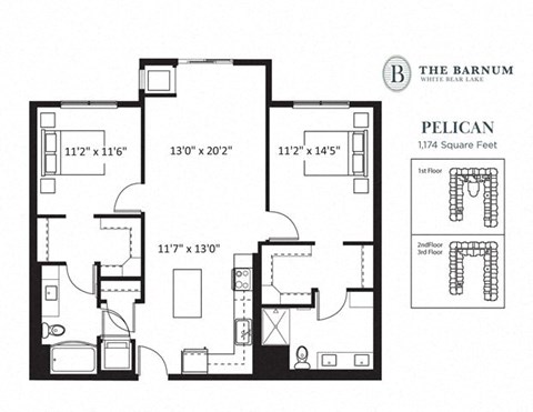 Floor plan for 2 beds, 2 baths, 1174 sqft