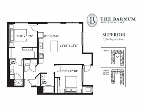 Floor plan for 2 beds, 2 baths, 1154 sqft