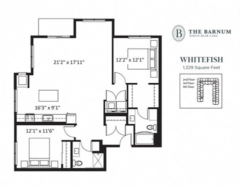 Floor plan for 2 beds, 2 baths, 1329 sqft