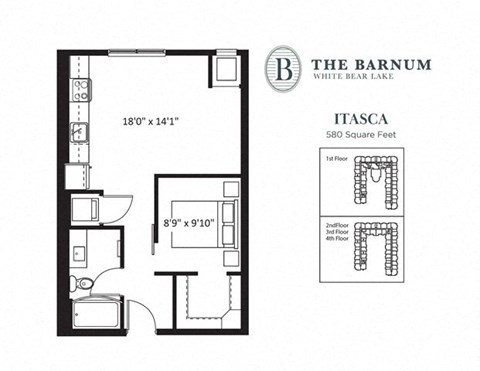 Floor plan for 1 bed, 1 bath, 580 sqft