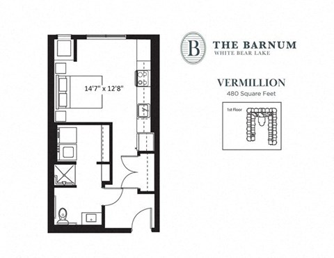 Floor plan for studio, 1 bath, 480 sqft