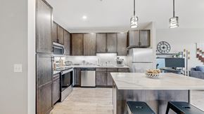 Mahtomedi apartment for rent - A modern kitchen with dark wood cabinets and stainless steel appliances.
