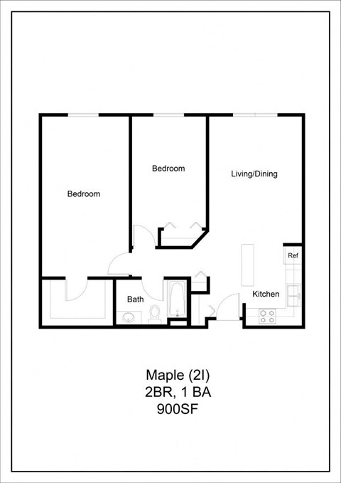 Floor plan for 2 beds, 1 bath, 900 sqft