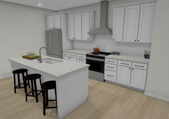 A kitchen with a white counter top and a stove top oven