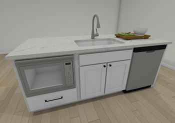A rendering of a kitchen with a sink and a microwave