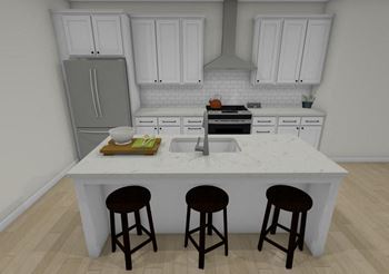 A kitchen with a white counter top and a sink
