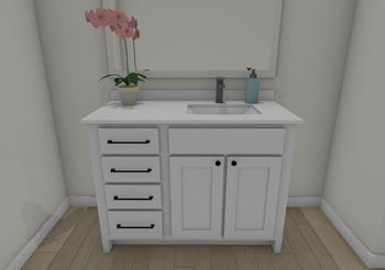 A bathroom with a sink and a mirror