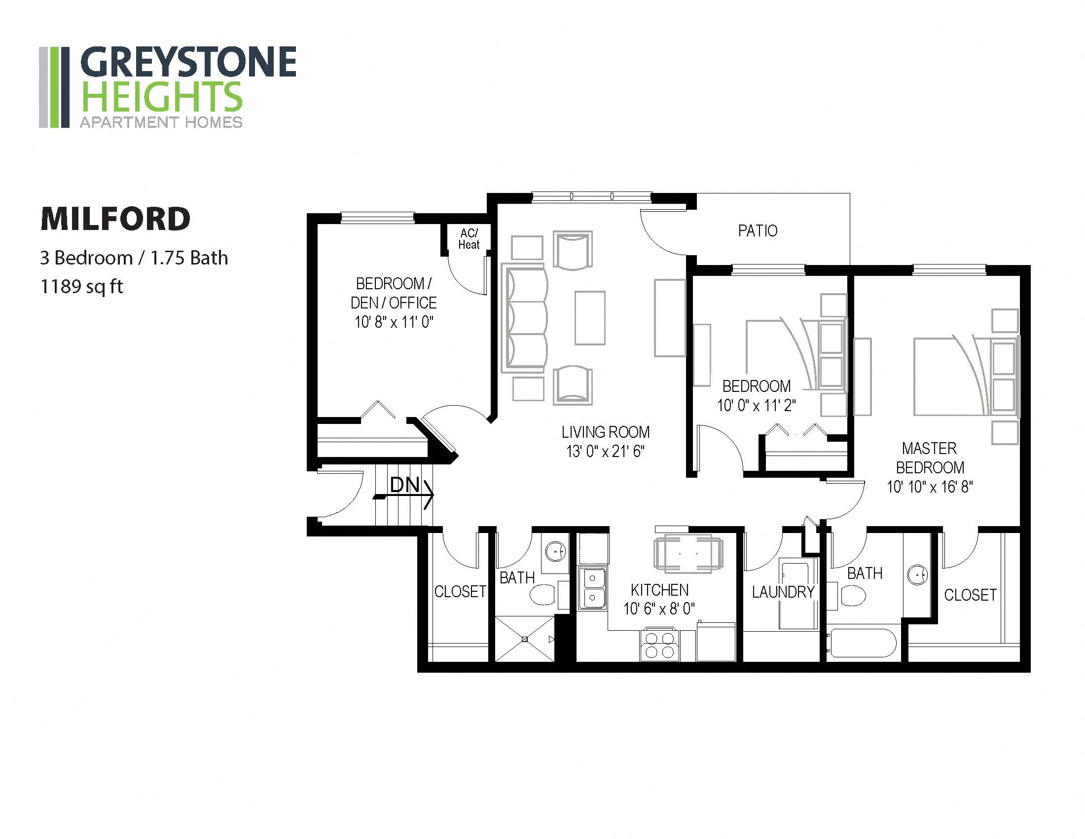 Floor plan for 3 beds, 2 baths, 1189 sqft