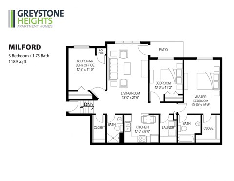Floor plan for 3 beds, 2 baths, 1189 sqft