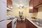 Brooklyn Park apartment for rent - a kitchen with a stove and a sink and a dining room
