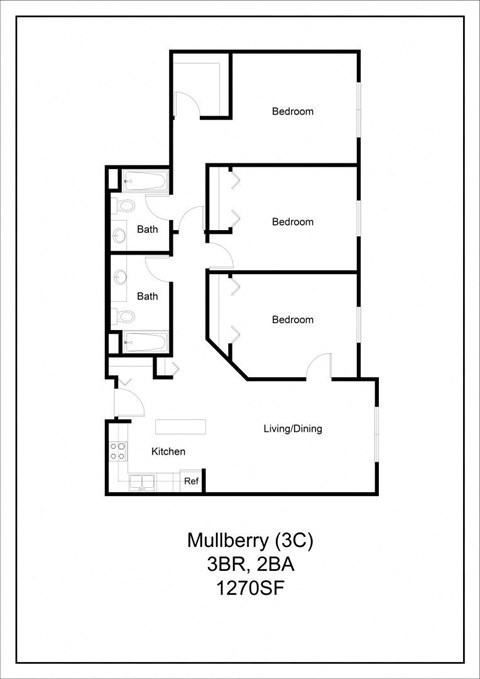 Floor plan for 3 beds, 2 baths, 1270 sqft