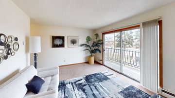 Richfield apartment for rent - A living room with a grey couch and a blue patterned rug.